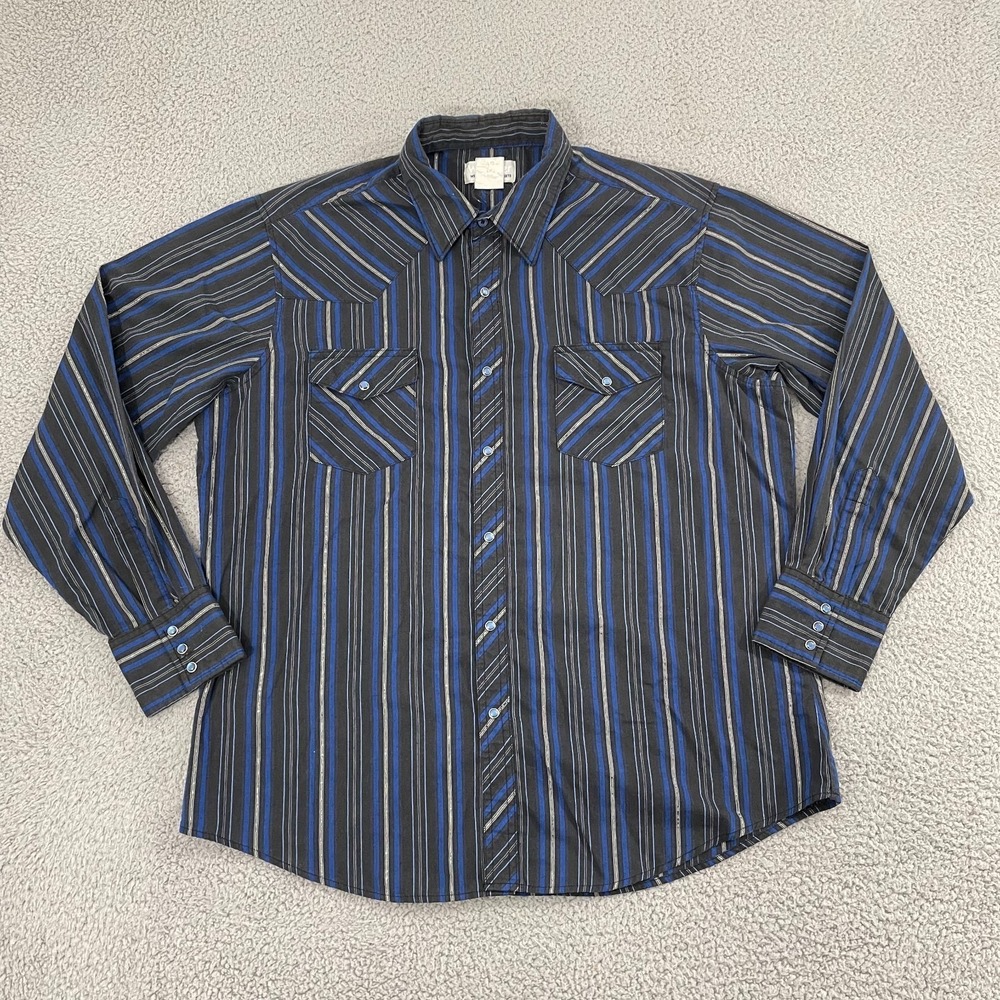 Wrangle Wrancher Shirt Men XL Black Silver Stripe Pearl Snap Cowboy Rodeo
